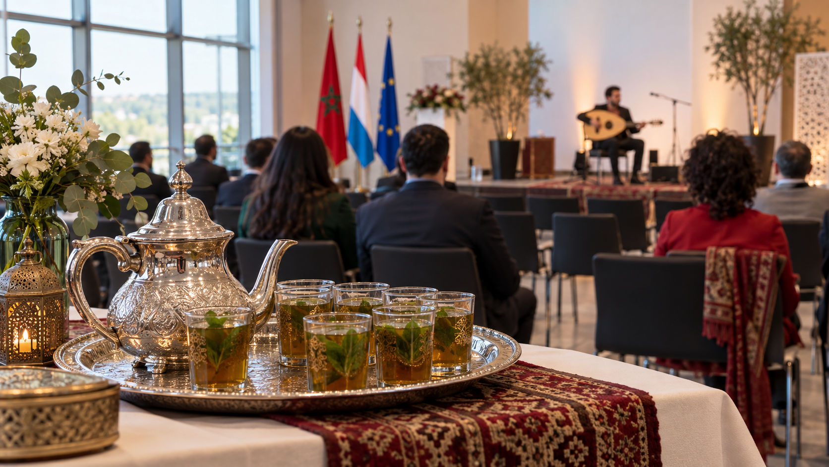 Pause thé et intermède musical dans une salle de conférence